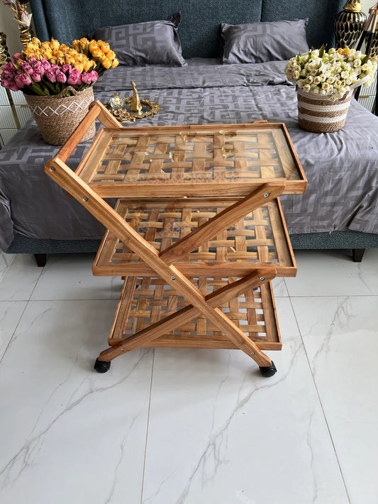 Premium Solid Sheesham Wood Folding Tea Trolley | Three Shelf Wooden Serving Cart