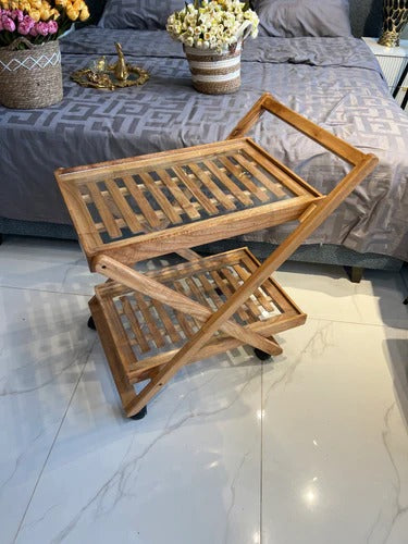 Premium Solid Sheesham Wood Folding Tea Trolley | Double Shelf Wooden Serving Cart