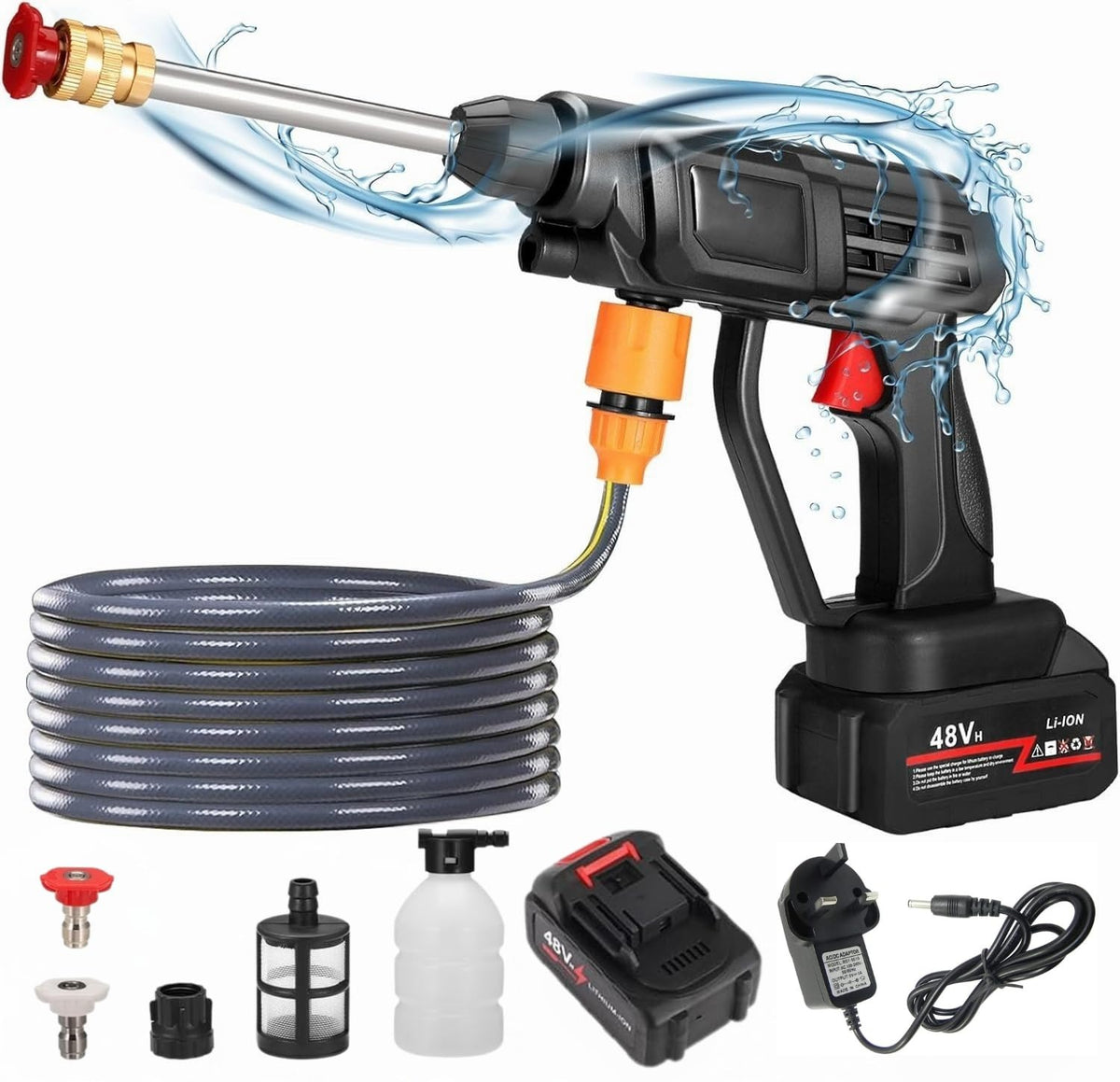 Cordless Water Gun for Car Washing 48V | Portable High Pressure Car Washer with Pipe, Soap Bottle & 2 Nozzles
